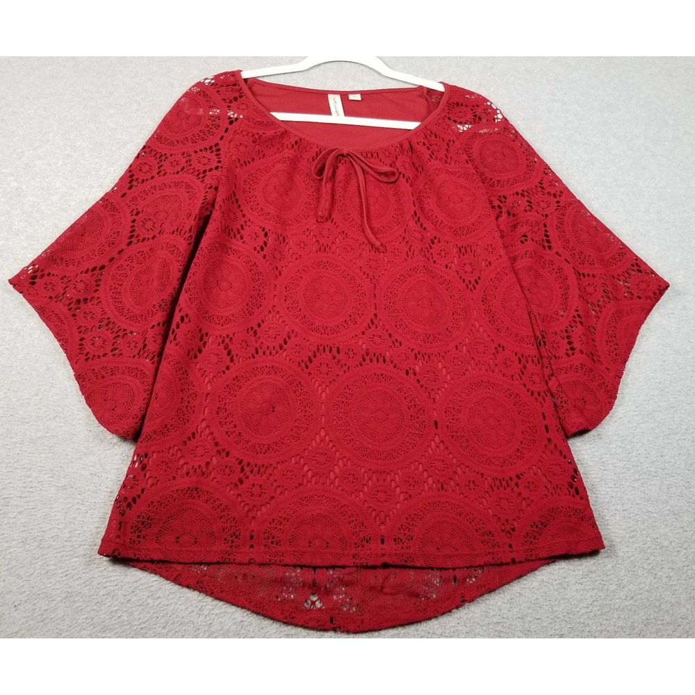 Tacera Tunic Top Women's Small S Red Geometric Circles Lace ¾ See Through Sleeve
